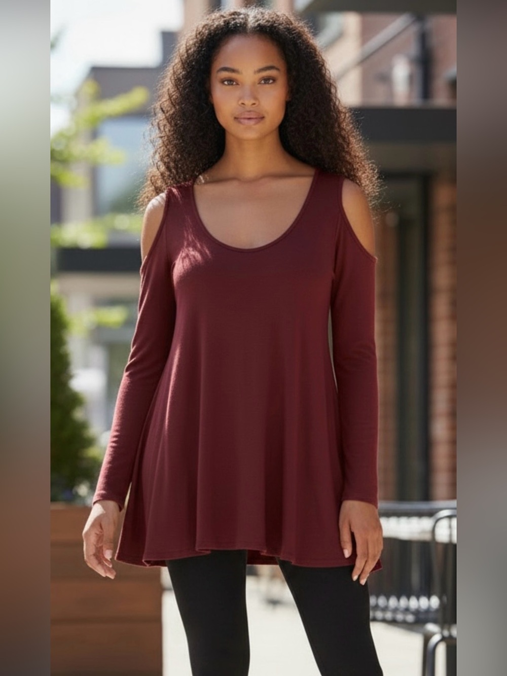 Cold-Shoulder Flowy Swing Tunic Sweater Top in Burgundy, L